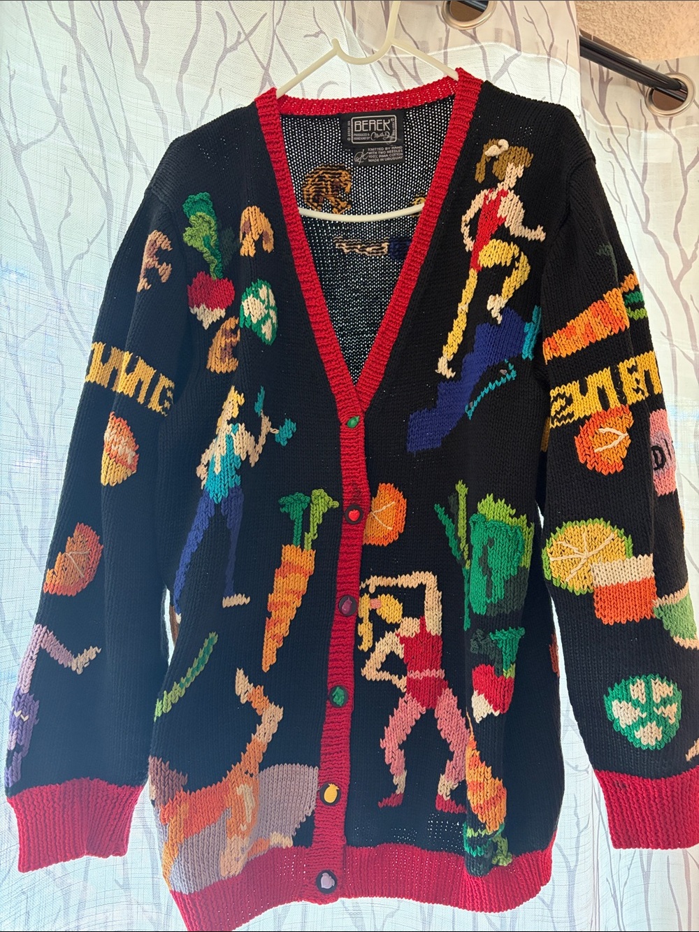 Vintage Berek Black Knit Cardigan Sweater with Bold Multicolor Athletic Motifs